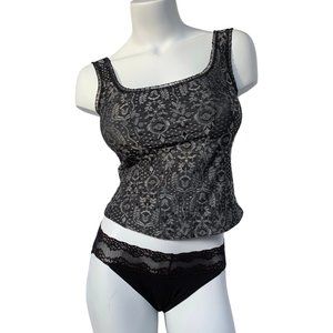 Black/Silver Gray Metallic Brocade Cami- Corset Camisole Bustier - Size 4-6